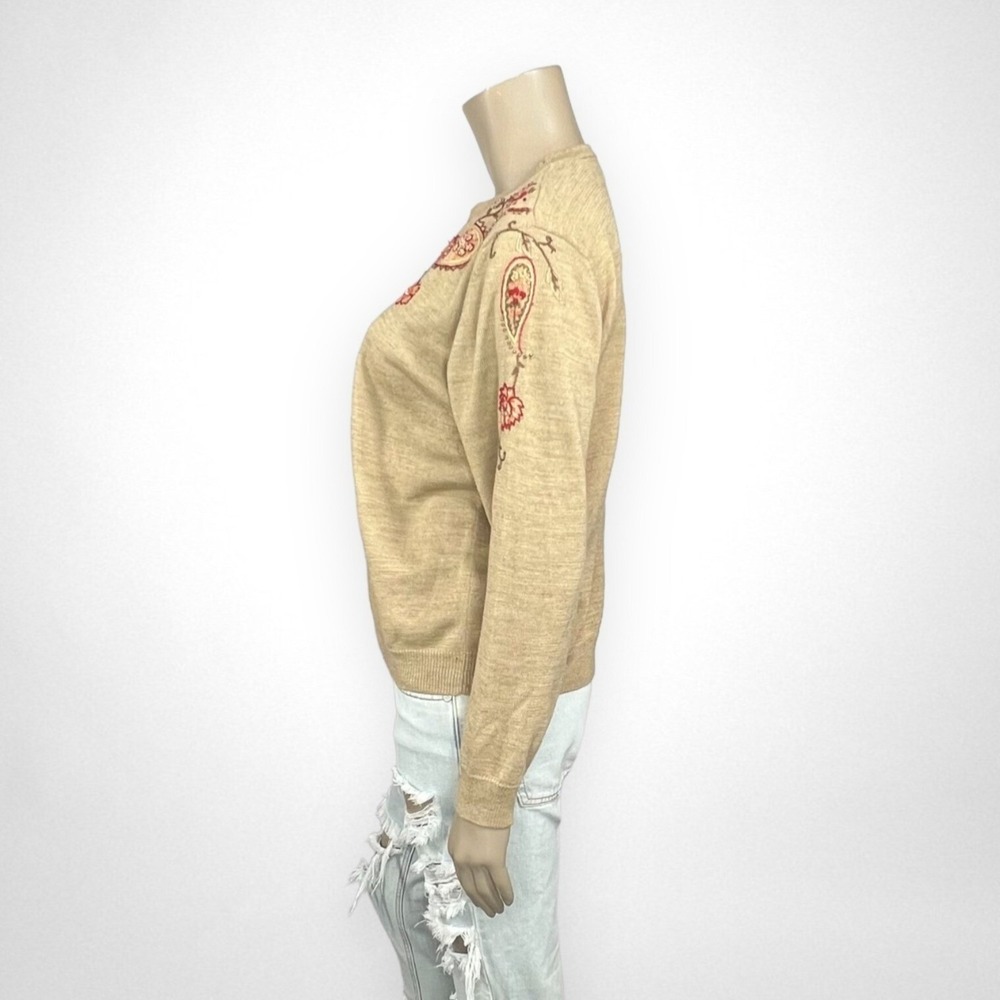 Vintage Medium ALFRED DUNNER Embroidered Knit Tan Sweater‎ Grandmacore - Picture 2 of 5